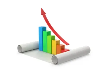 Illustration d'un graphique en barres colorées sur un document en rouleau montrant une croissance financière exponentielle avec une flèche rouge montante